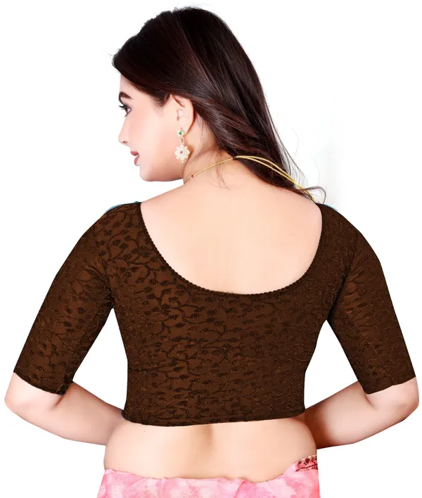 Brown_Textured_Stretch_Round_Neck_Elbow_Sleeve_Saree_Blouse_For_Women