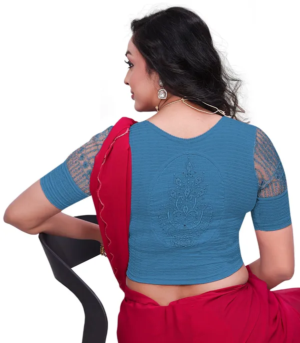 Teal_Cotton_Textured_Net_Sleeve_Embroidered_Saree_Blouse_For_Women