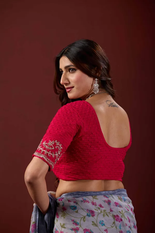 Red_Cotton_Floral_Print_Saree_Blouse_For_Women