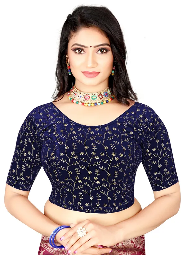 Navy_Blue_Cotton_Embroidered_Round_Neck_Elbow_Sleeve_Blouse_For_Women