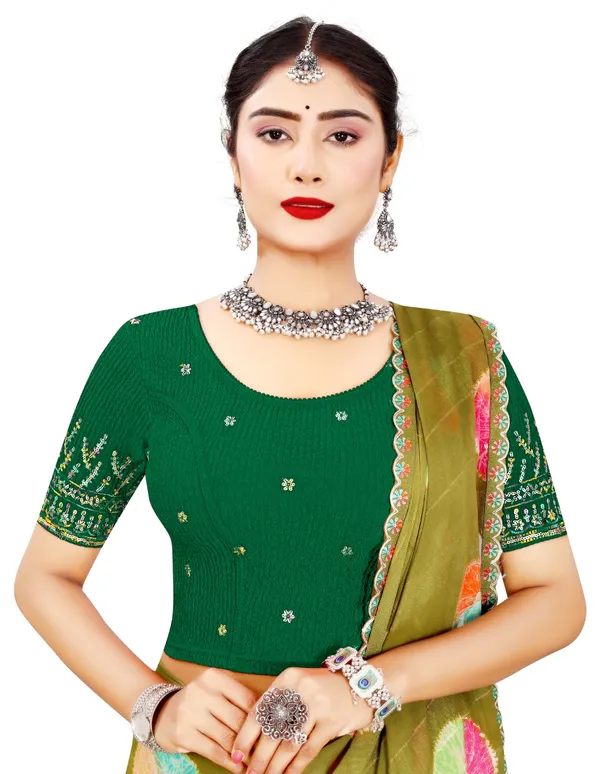 Green_Cotton_Sequin_Floral_Embroidered_Round_Neck_Saree_Blouse_For_Women