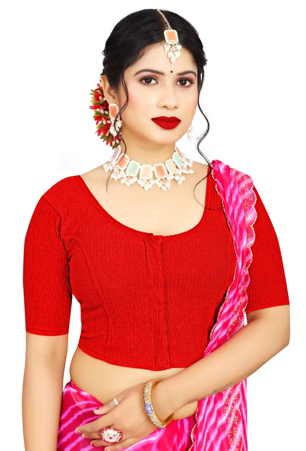 Red_Textured_Knit_Deep_Back_Elbow_Sleeve_Saree_Blouse_For_Women