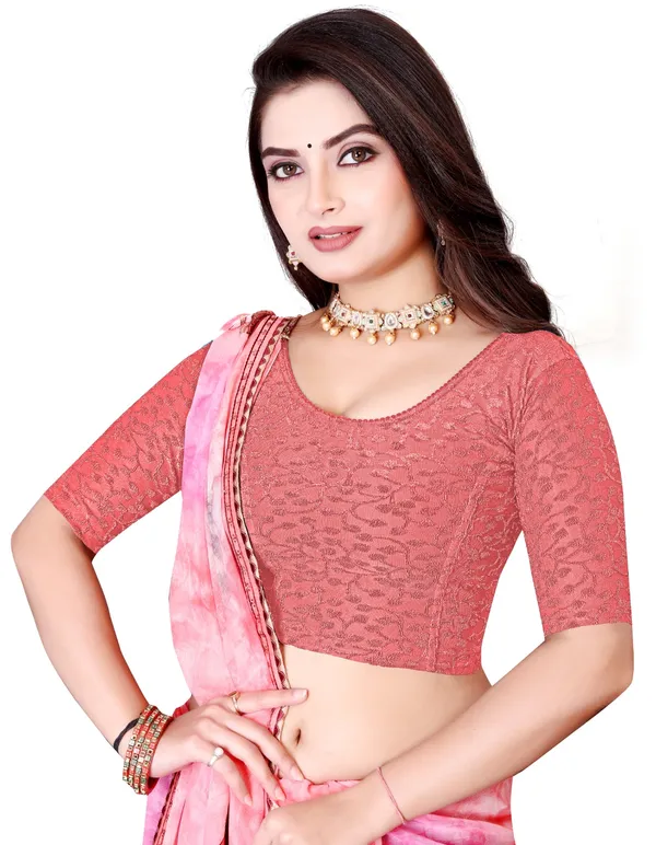 Coral_Net_Floral_Lace_Round_Neck_Half_Sleeve_Saree_Blouse_For_Women