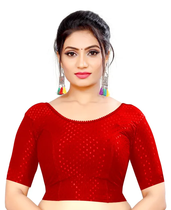 Red_Cotton_Textured_Scallop_Neck_Elbow_Sleeve_Saree_Blouse_For_Women