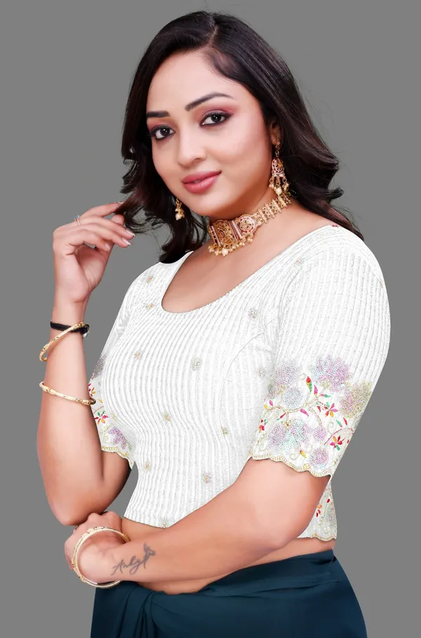 White_Cotton_Embroidered_Sequin_Half_Sleeve_Blouse_For_Women