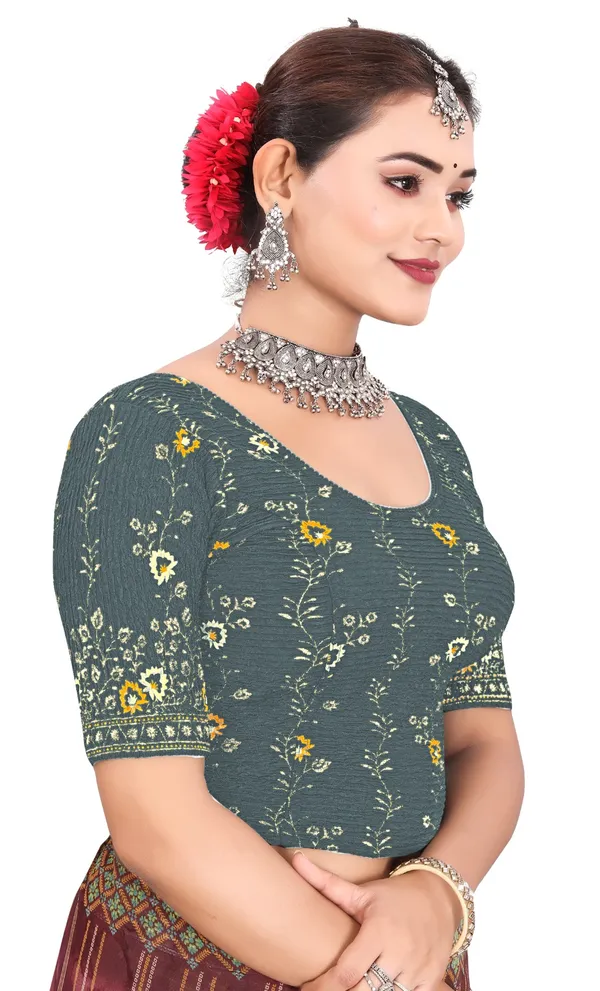 Grey_Crinkle_Floral_Print_Round_Neck_Elbow_Sleeve_Saree_Blouse_For_Women