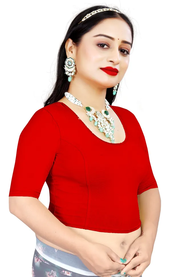 Red_Stretchable_Round_Neck_Elbow_Sleeve_Saree_Blouse_For_Women