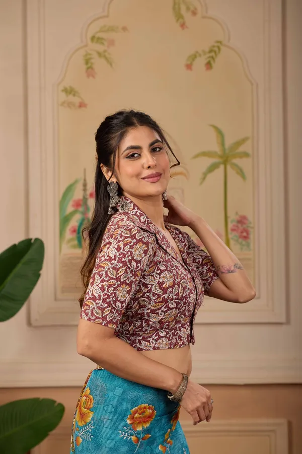 Blue_Silk_Floral_Print_Saree_Blouse_For_Women