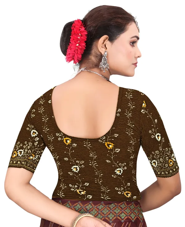 Brown_Cotton_Floral_Embroidered_Round_Neck_Saree_Blouse_For_Women