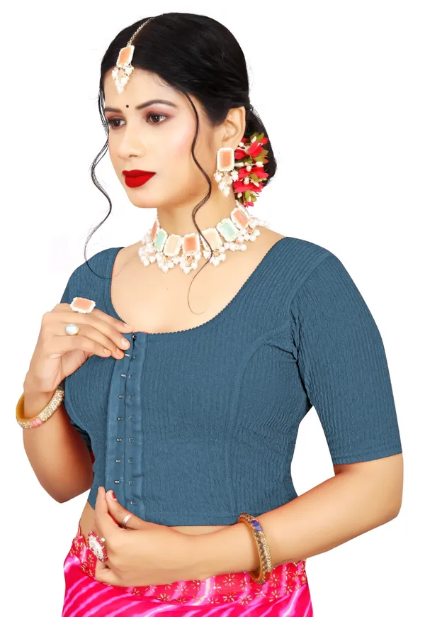 Teal_Textured_Cotton_Front_Hook_Elbow_Sleeve_Saree_Blouse_For_Women