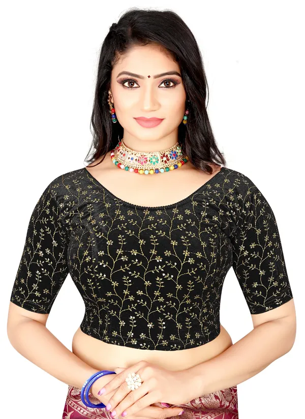 Black_Embroidered_Golden_Floral_Round_Neck_Saree_Blouse_For_Women