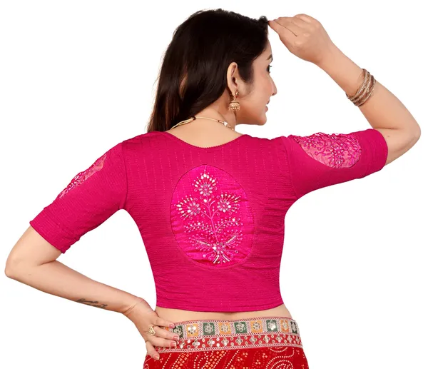 Pink_Cotton_Textured_Lace_Half_Sleeve_Round_Neck_Blouse_For_Women
