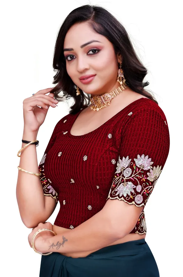 Maroon_lycra_Embroidered_Sequin_Elbow_Sleeve_Saree_Blouse_For_Women