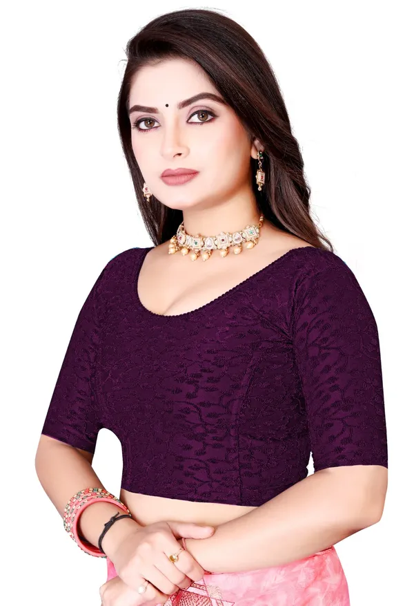 Purple_Jacquard_Floral_Weave_Round_Neck_Saree_Blouse_For_Women