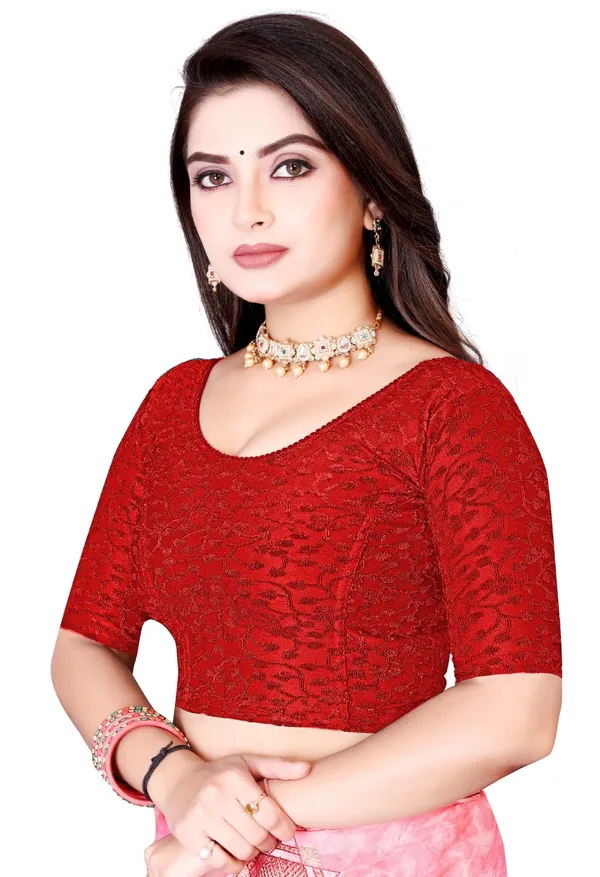 Red_Cotton_Textured_Round_Neck_Elbow_Sleeve_Saree_Blouse_For_Women