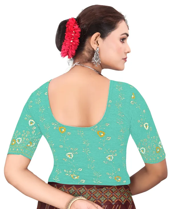 Sea_Green_Cotton_Crinkle_Floral_Printed_Round_Neck_Saree_Blouse_For_Women