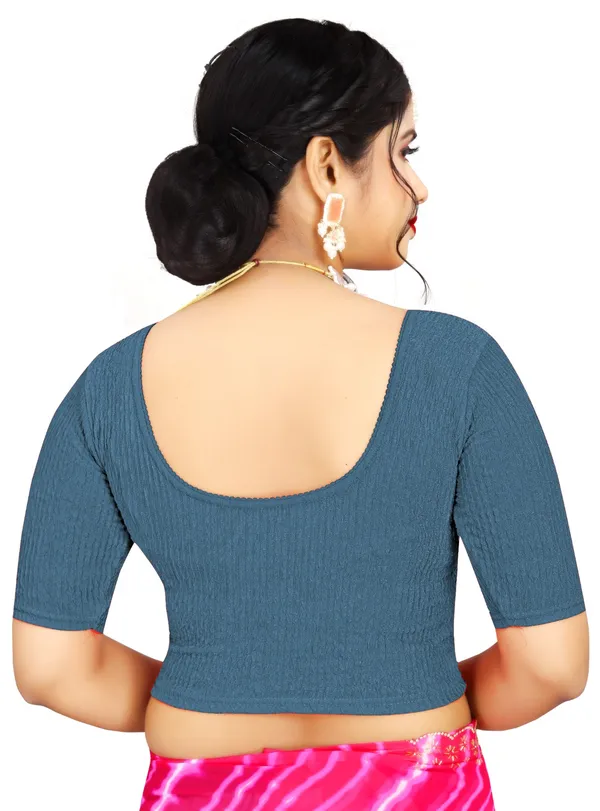 Teal_Textured_Cotton_Front_Hook_Elbow_Sleeve_Saree_Blouse_For_Women