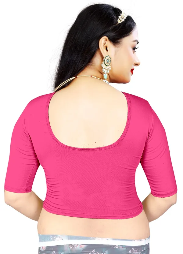 Pink_Cotton_Stretchable_Round_Neck_Half_Sleeve_Saree_Blouse_For_Women