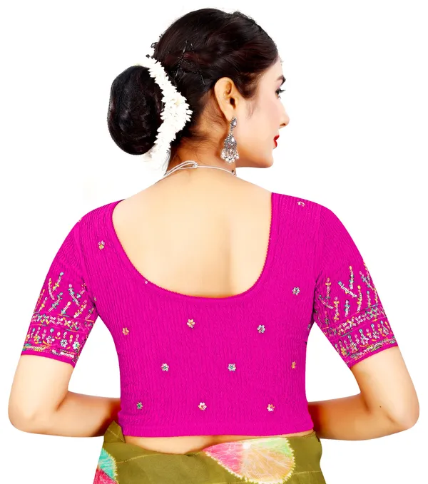 Pink_Cotton_Crinkle_Embroidered_Round_Neck_Saree_Blouse_For_Women