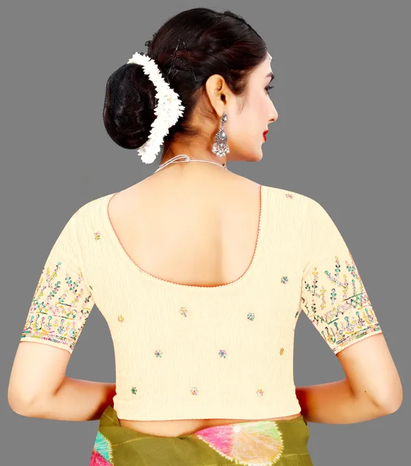 Cream_Cotton_Floral_Embroidered_Round_Neck_Saree_Blouse_For_Women