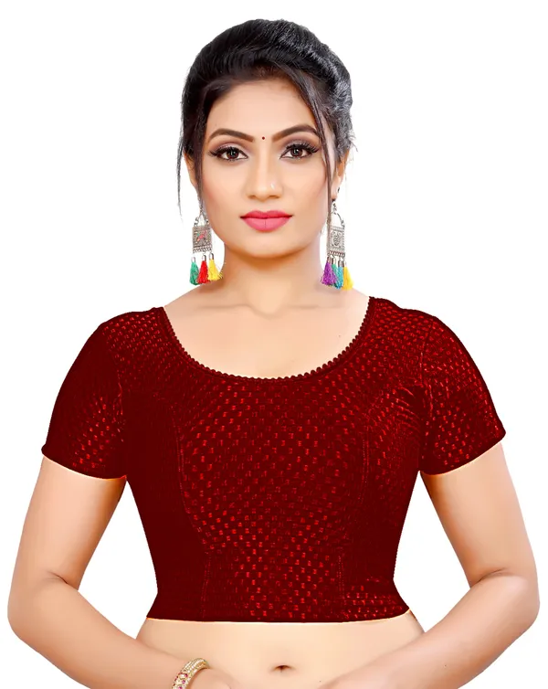Maroon_Textured_Round_Neck_Saree_Blouse_For_Women