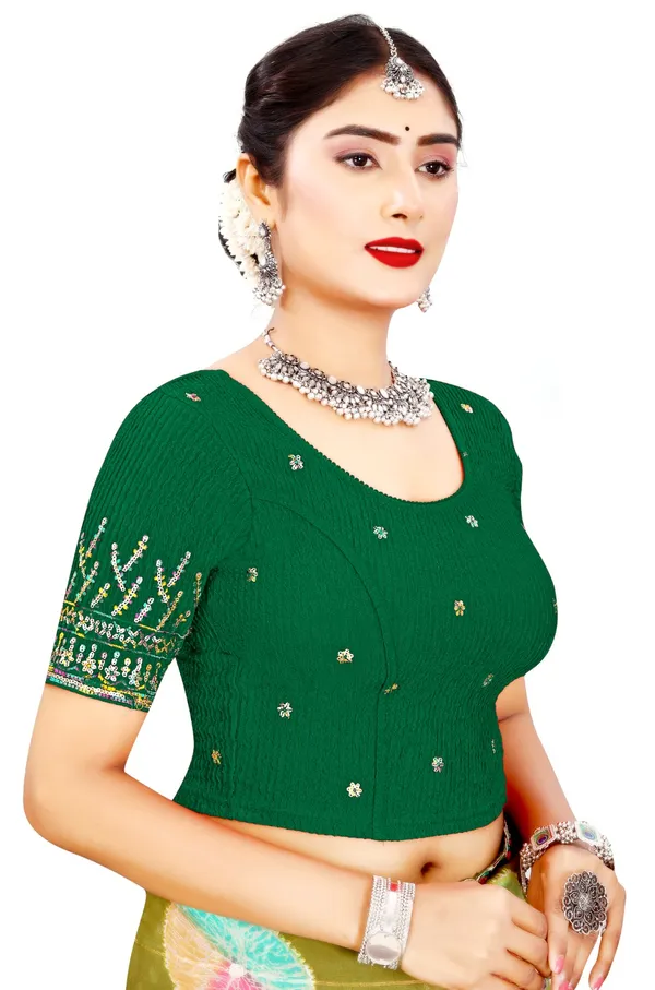 Green_Cotton_Sequin_Floral_Embroidered_Round_Neck_Saree_Blouse_For_Women