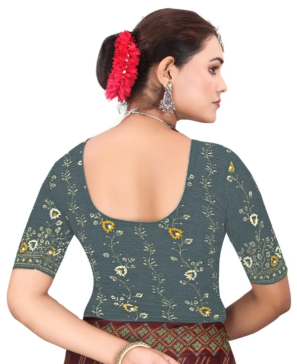 Grey_Crinkle_Floral_Print_Round_Neck_Elbow_Sleeve_Saree_Blouse_For_Women