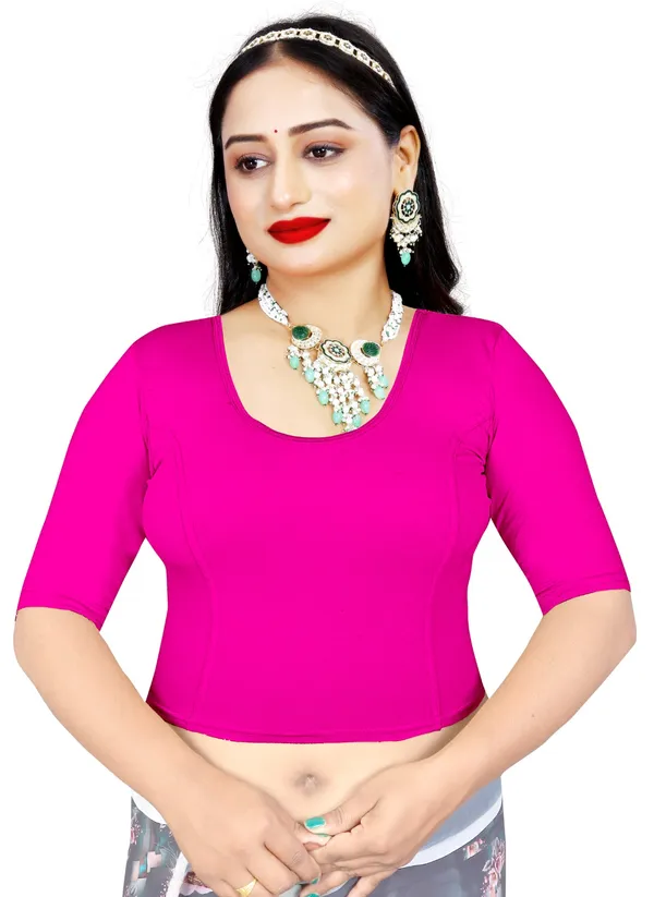 Pink_Cotton_Stretchable_Round_Neck_Elbow_Sleeve_Blouse_For_Women