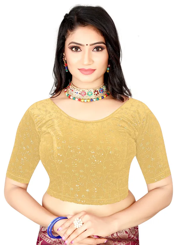 Beige_Cotton_Sequin_Embroidered_Stretchable_Saree_Blouse_For_Women