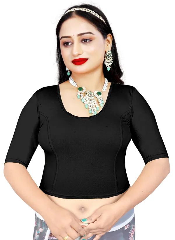 Black_Stretch_Round_Neck_Elbow_Sleeve_Fitted_Saree_Blouse_For_Women