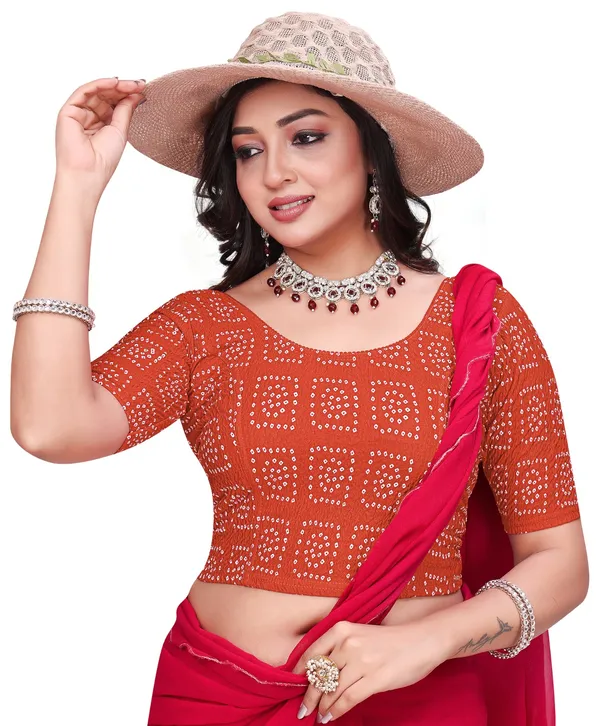 Orange_Red_Cotton_Bandhani_Print_Elbow_Sleeve_Saree_Blouse_For_Women