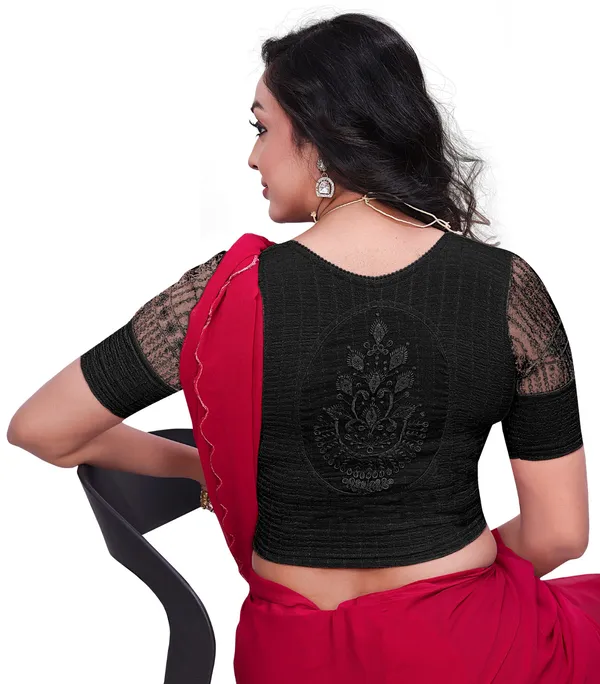Black_Cotton_Textured_Net_Embroidered_Half_Sleeve_Blouse_For_Women