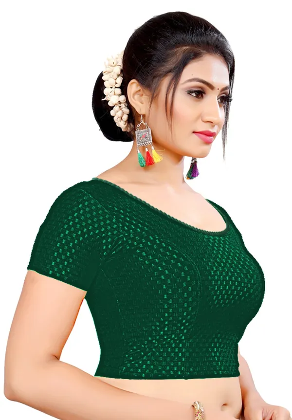 Green_Cotton_Textured_Round_Neck_Short_Sleeve_Saree_Blouse_For_Women