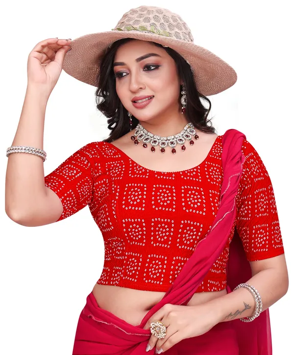 Orange_Red_Cotton_Bandhani_Print_Elbow_Sleeve_Saree_Blouse_For_Women