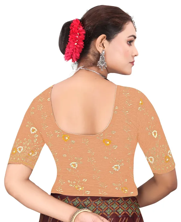 Peach_Crinkle_Floral_Embroidered_Elbow_Sleeve_Saree_Blouse_For_Women