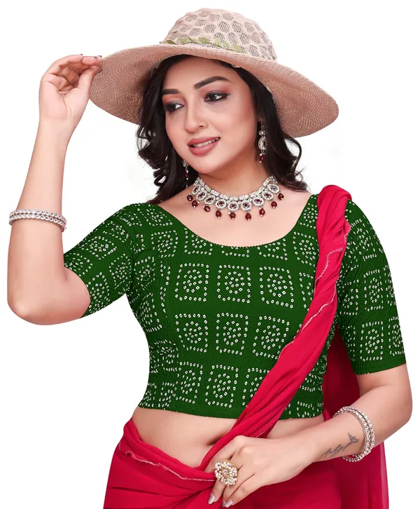 Green_Cotton_Bandhani_Print_Elbow_Sleeve_Saree_Blouse_For_Women