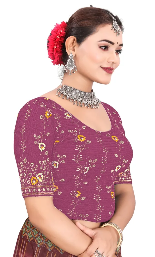 Purple_Cotton_Crinkle_Floral_Printed_Round_Neck_Saree_Blouse_For_Women