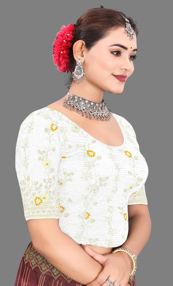 White_Cotton_Floral_Embroidered_Deep_Neck_Saree_Blouse_For_Women