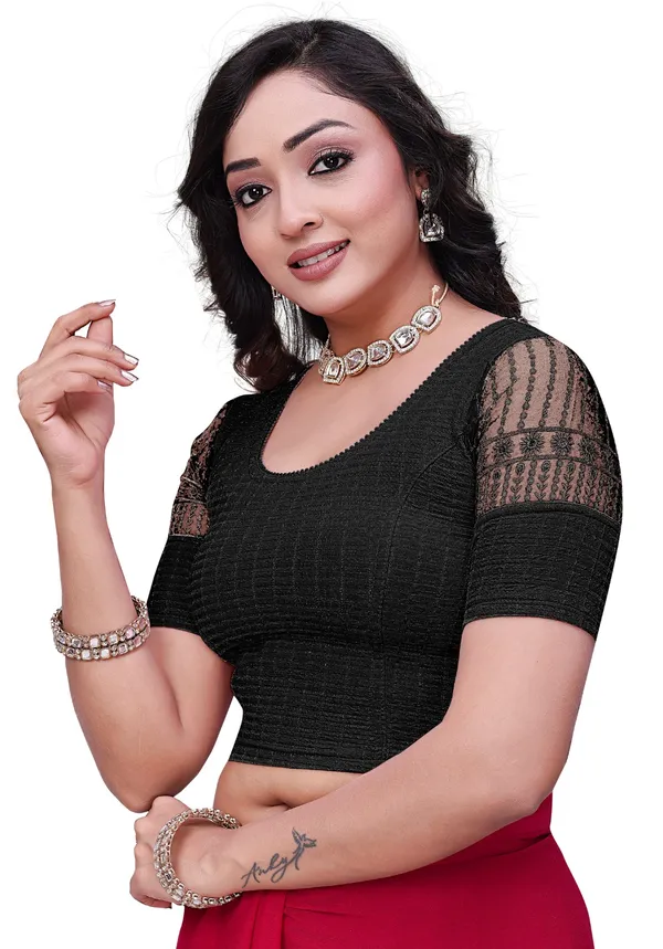 Black_Cotton_Textured_Net_Embroidered_Half_Sleeve_Blouse_For_Women