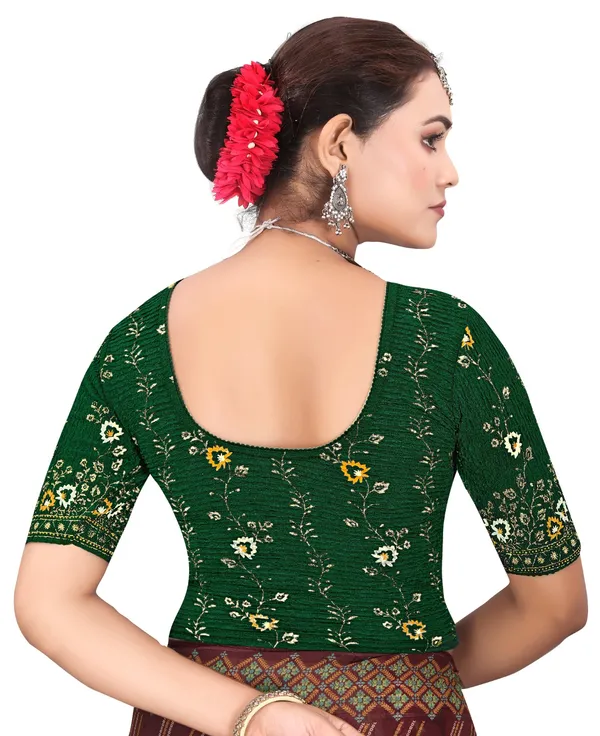 Green_Crinkle_Fabric_Floral_Embroidered_Elbow_Sleeve_Saree_Blouse_For_Women