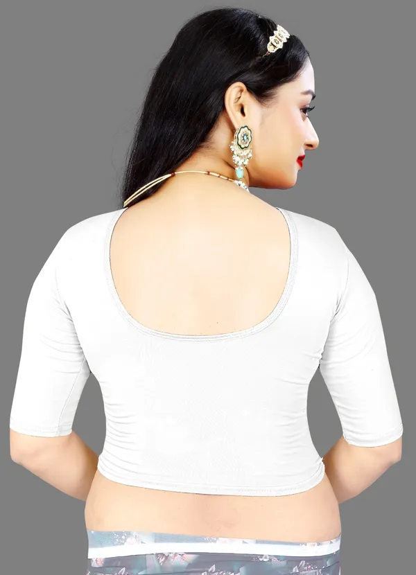 White_Stretch_Knit_Round_Neck_Half_Sleeve_Fitted_Saree_Blouse_For_Women