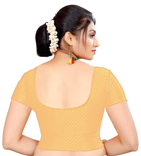 Beige_Cotton_Textured_Round_Neck_Short_Sleeve_Saree_Blouse_For_Women