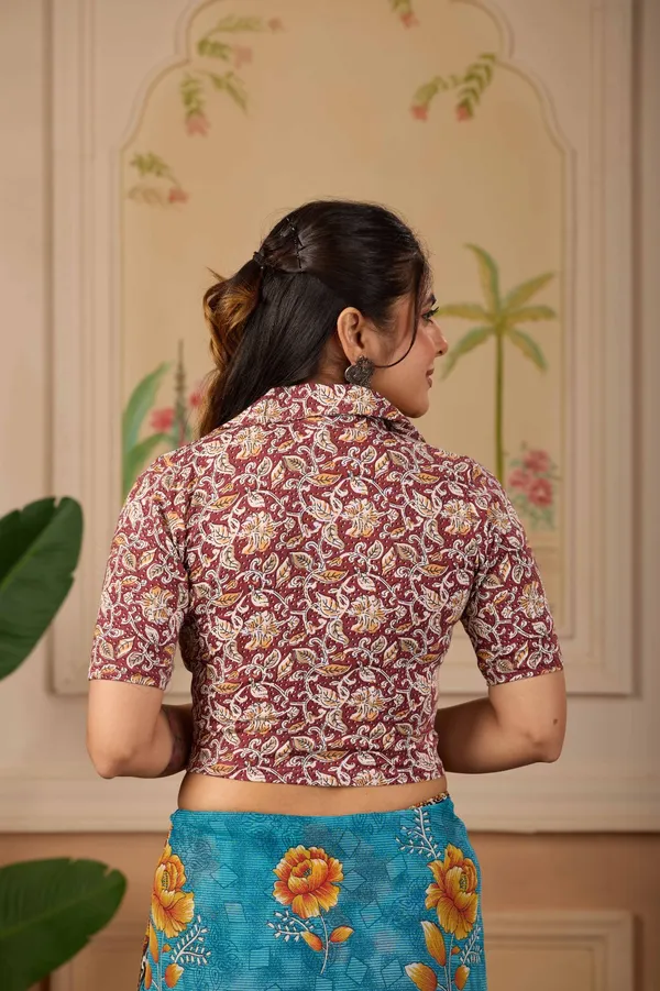 Blue_Silk_Floral_Print_Saree_Blouse_For_Women