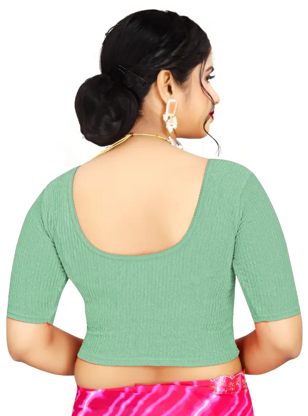 Sea_Green_Cotton_Textured_Round_Neck_Front_Hook_Saree_Blouse_For_Women
