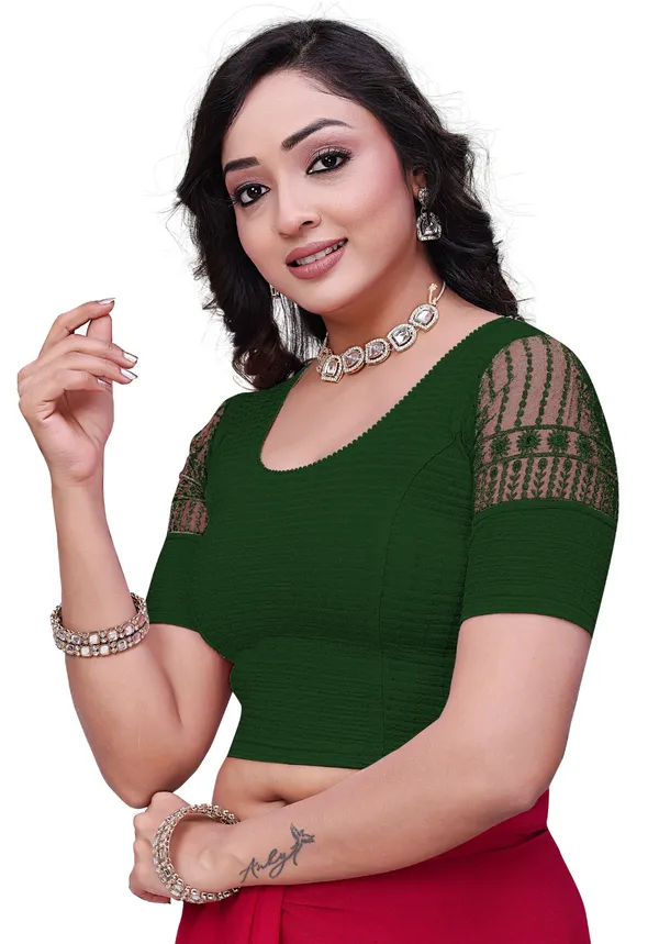 Green_Cotton_Net_Sleeve_Embroidered_Saree_Blouse_For_Women