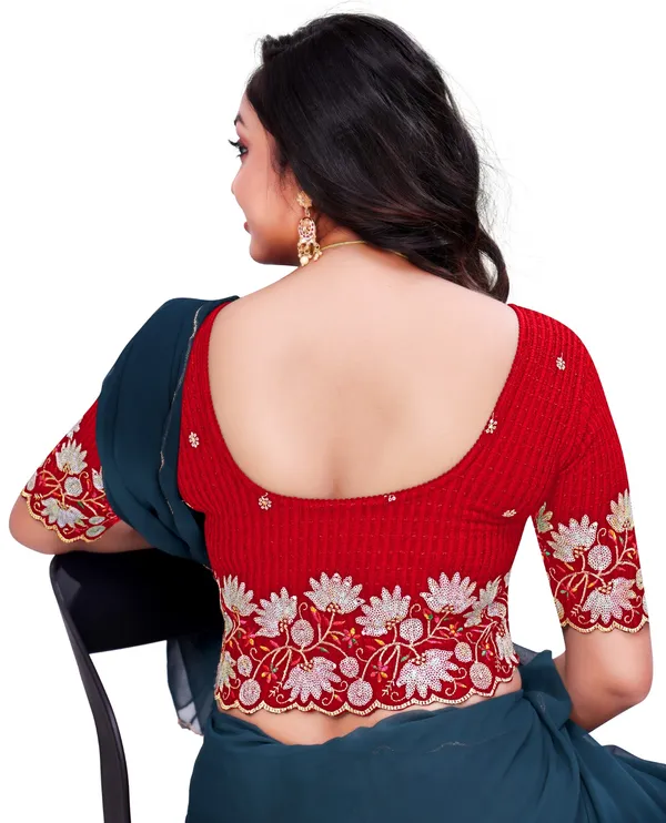 Red_Cotton_Embroidered_Sequin_Round_Neck_Elbow_Sleeve_Blouse_For_Women