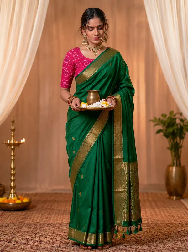 Green_Silk_Zari_Border_Saree_With_Pink_Embroidered_Blouse_For_Women