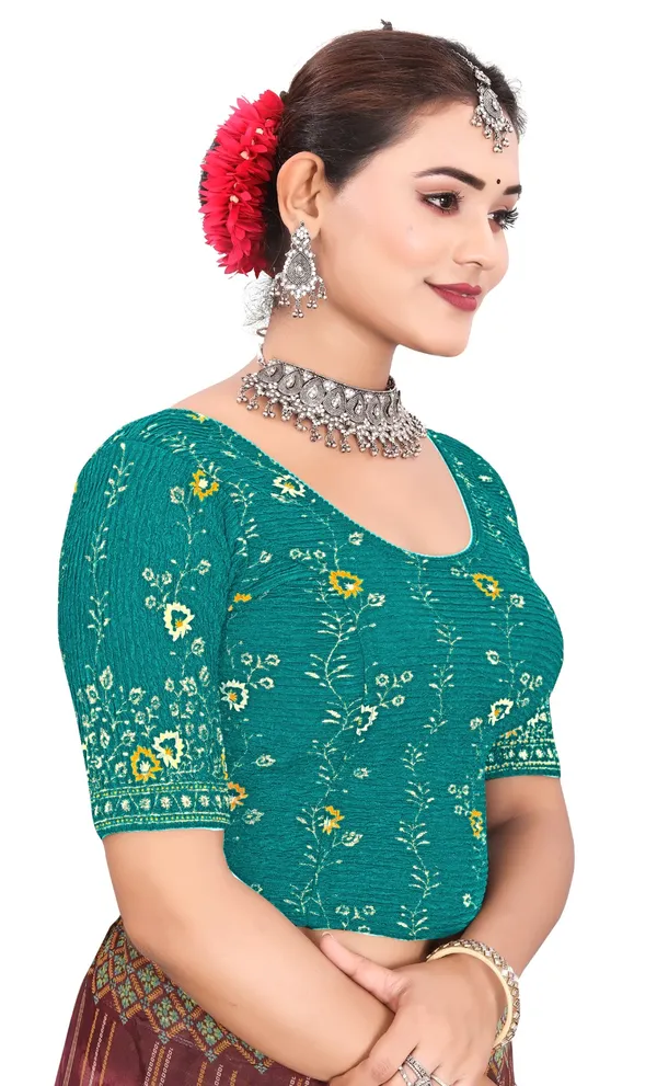 Teal_Crinkle_Floral_Embroidered_Scoop_Neck_Elbow_Sleeve_Saree_Blouse_For_Women