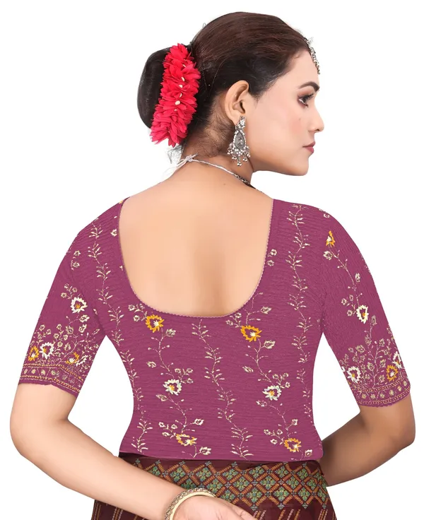 Purple_Cotton_Crinkle_Floral_Printed_Round_Neck_Saree_Blouse_For_Women