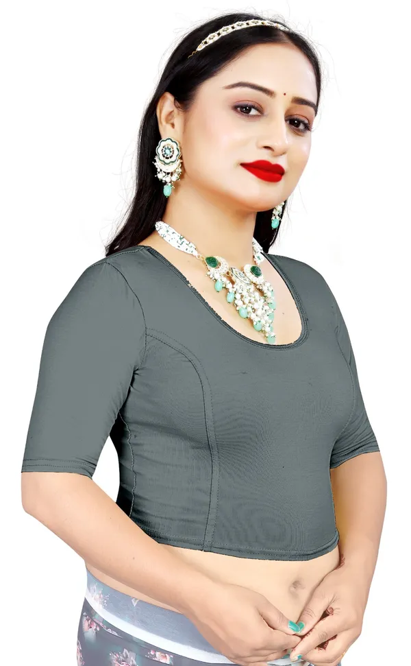 Grey_Cotton_Stretchable_Round_Neck_Half_Sleeve_Saree_Blouse_For_Women